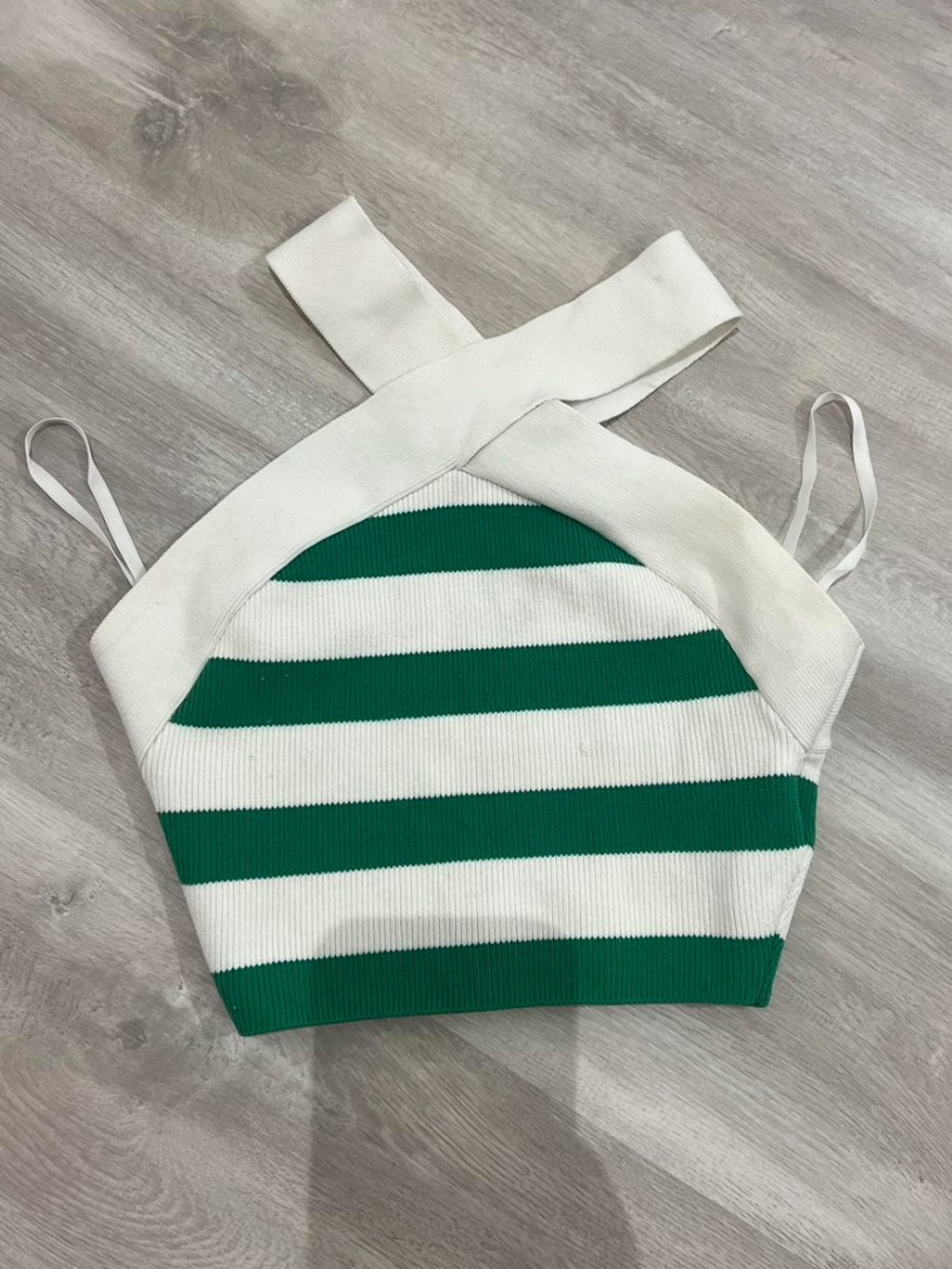 Babaton Green & White Striped Crossover Halter Knit Camisole